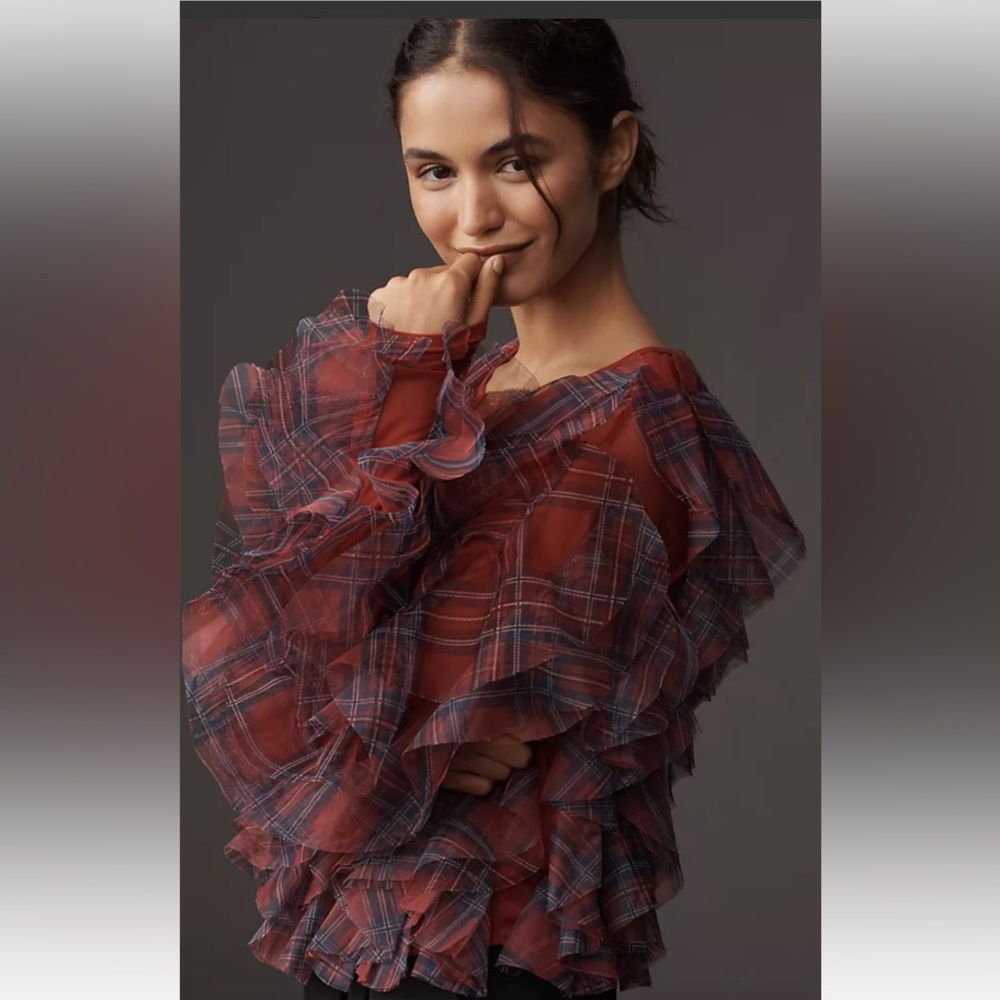 🆕Dolan Left Coast x Anthropologie Ruffle Tartan Plaid Crew Neck Blouse Festival